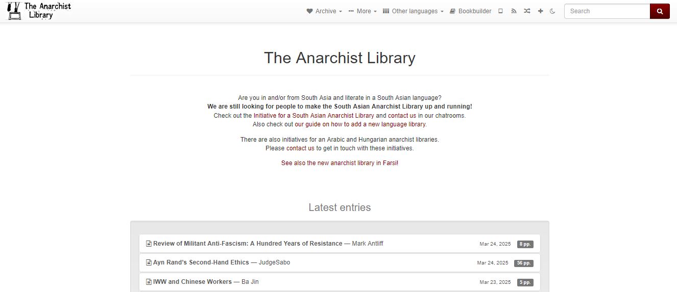 A screenshot of the anarchist library's front page