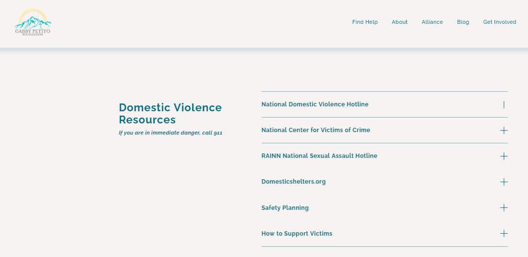 screenshot of the Gabby Petito Foundation's domestic violence resources page