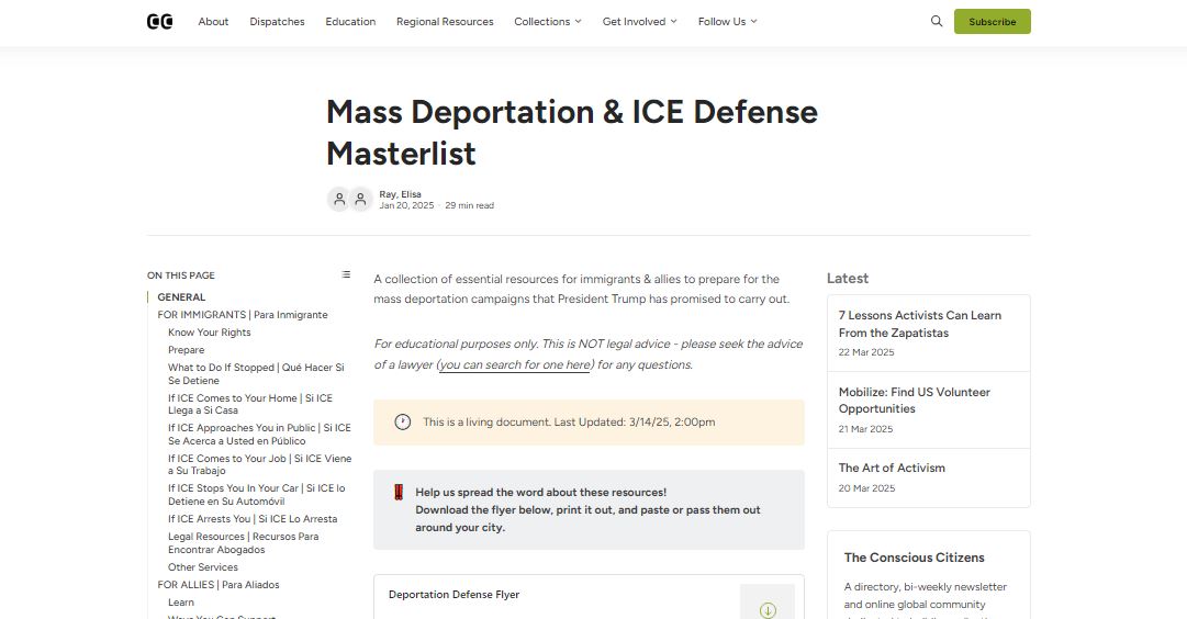 screenshot of the Conscious Citizens mass deportation & ICE defense guide list website