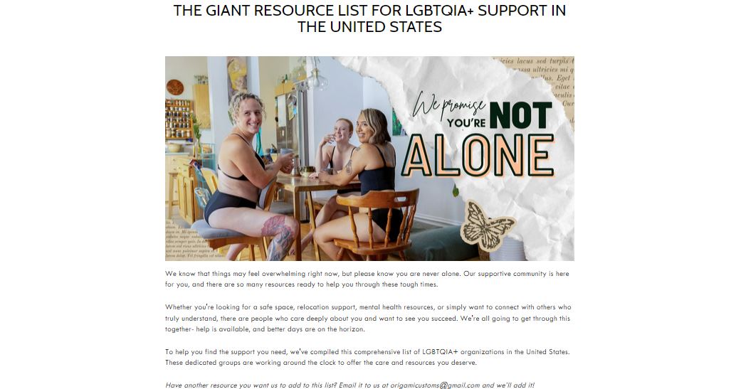 screenshot of website with the giant LGBTQIA+ resource list, shows women sitting at a table